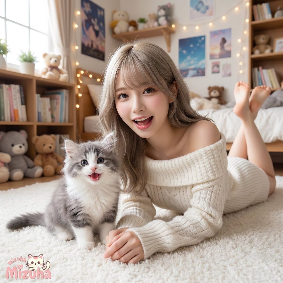 A cute blonde woman with bangs smiles while lying on a white rug next to a fluffy kitten in a cozy bedroom.