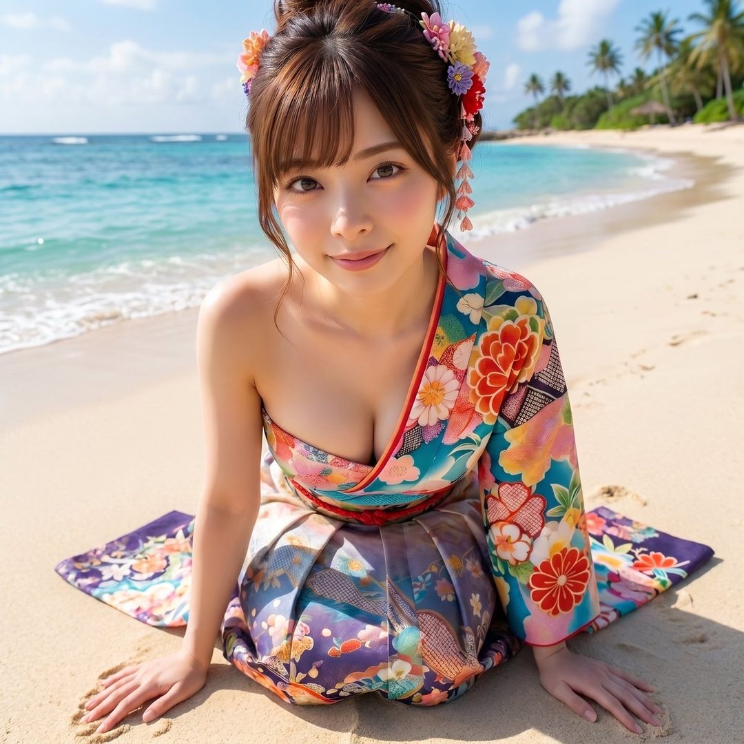 A woman in a colorful kimono kneels on a sandy beach with the ocean in the background.