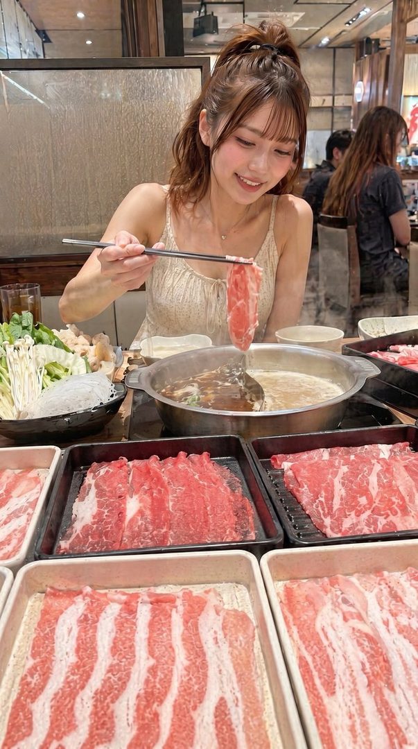 A young woman with brown hair in a ponytail is smiling while cooking shabu-shabu at a restaurant.
