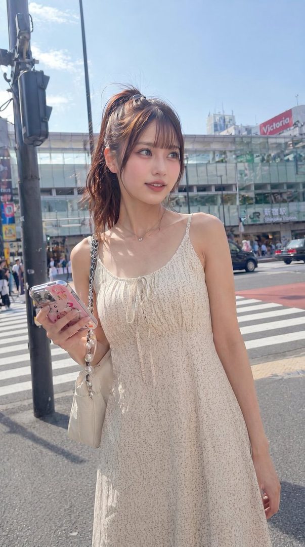 A young woman with brown hair in a ponytail, wearing a light-colored dress, stands on a city street during the daytime, holding a phone.
