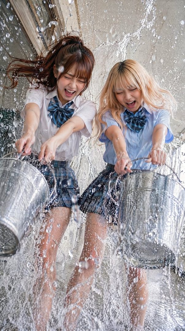 Two young women in school uniforms are joyfully splashing water from buckets, with water droplets flying everywhere.
