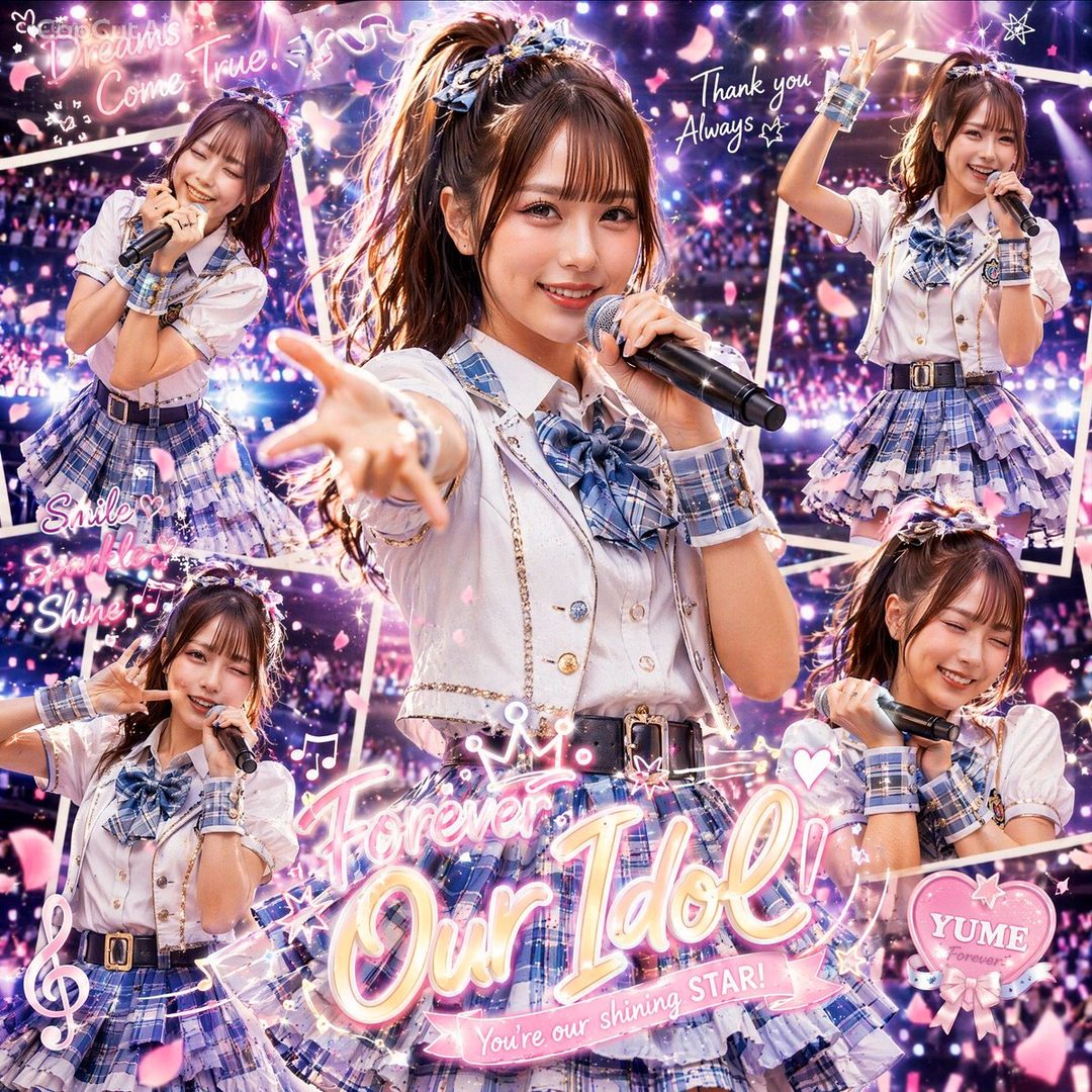 A collage of an idol singer in a blue and white plaid outfit, holding a microphone and performing on stage.