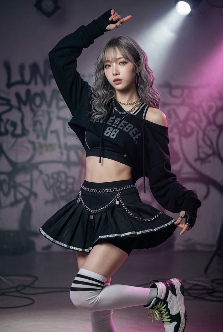 A young woman with silver wavy hair poses in a black cropped hoodie, pleated skirt with chains, and thigh-high socks against a graffiti-covered wall with pink and white spotlights.