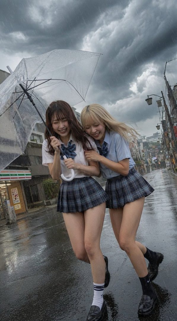 Two young women in school uniforms share an umbrella and laugh while walking down a rainy street.
