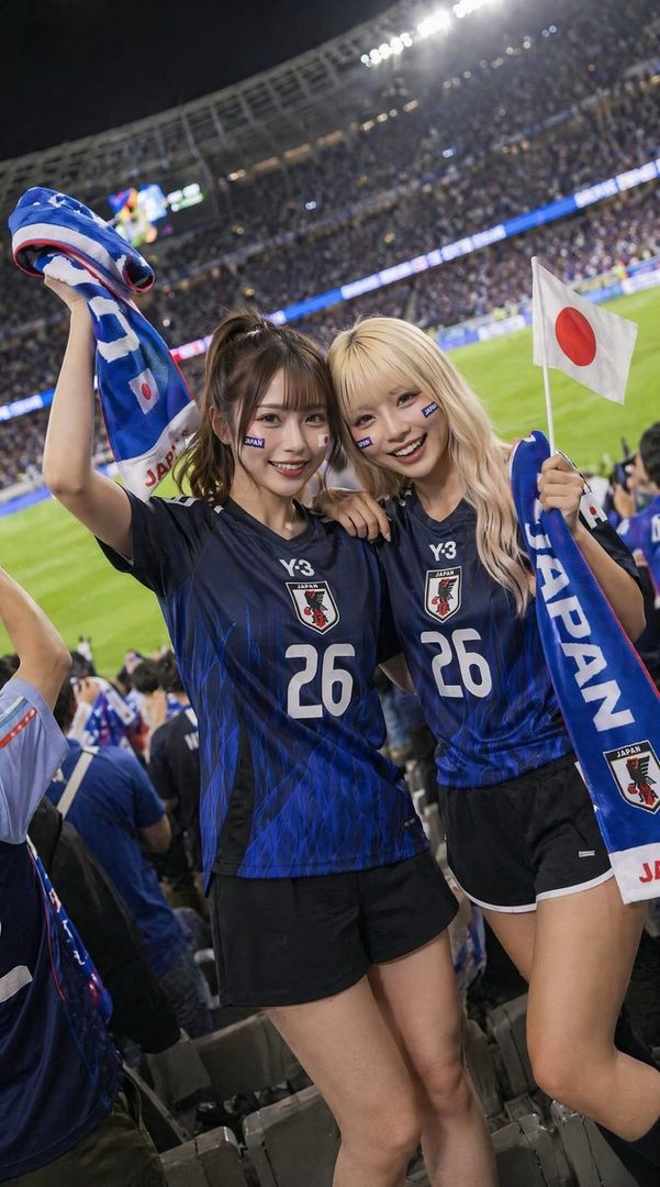Two young women in blue soccer jerseys with face paint and flags are cheering at a night game in a stadium.