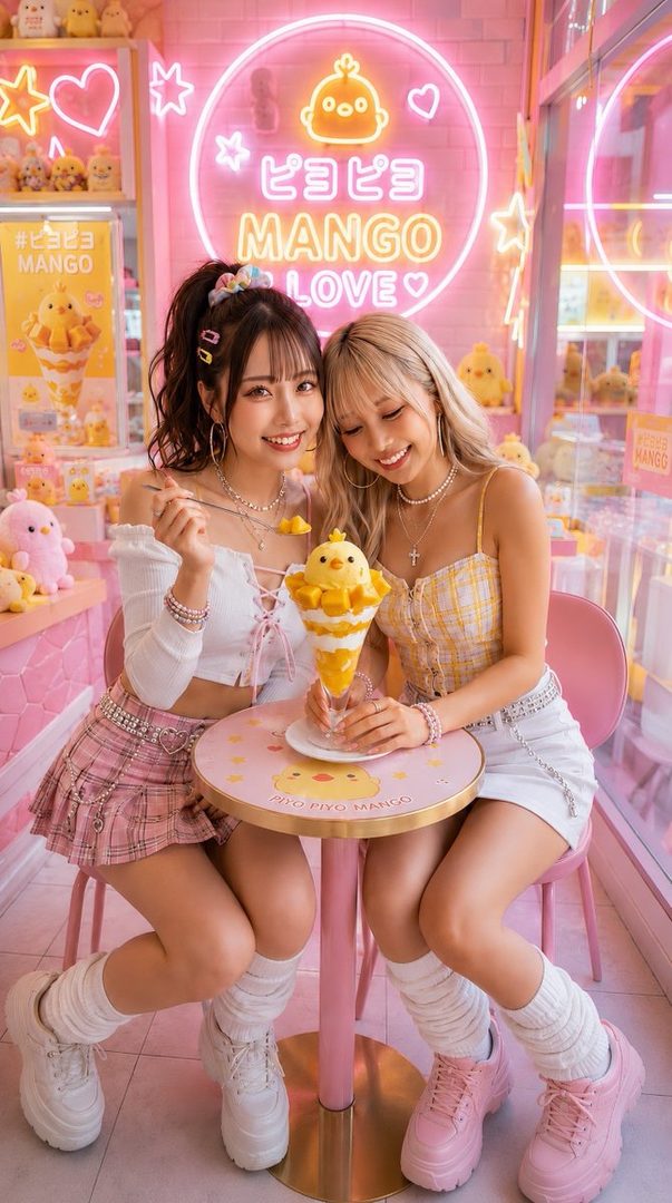 Two young women are sitting at a small table in a brightly lit, pink-themed cafe, sharing a mango parfait.