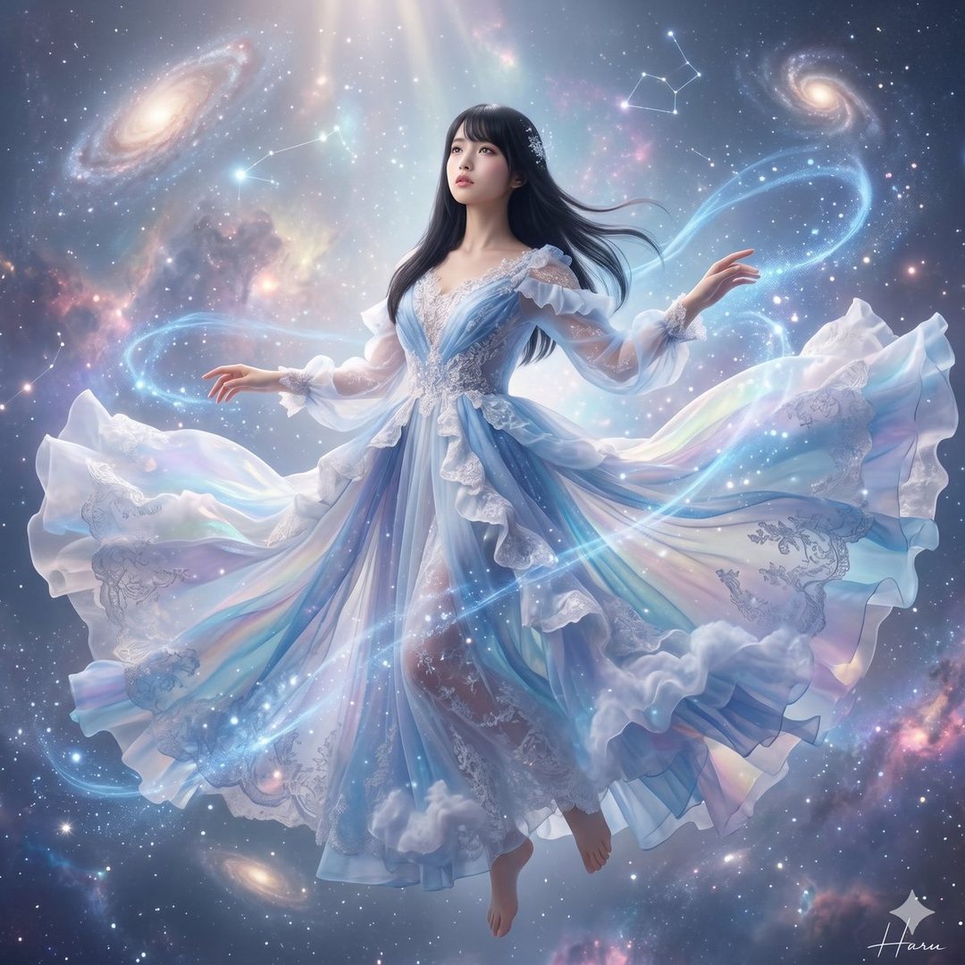 A woman with long black hair in a flowing blue and white dress floats in a starry galaxy.