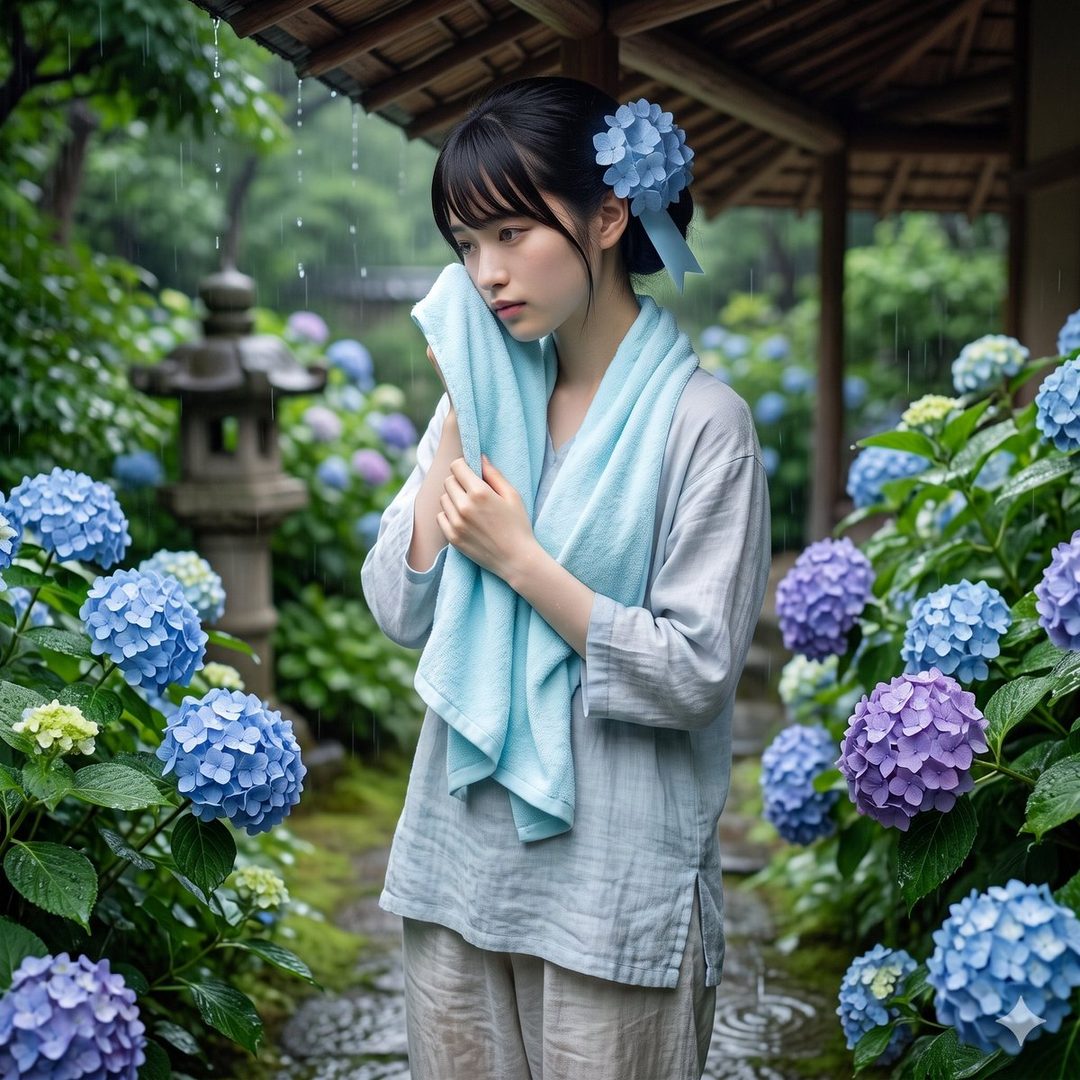 A young woman with black hair and bangs, wearing a light blue top and holding a towel, stands in a rainy garden surrounded by blue and purple hydrangeas.