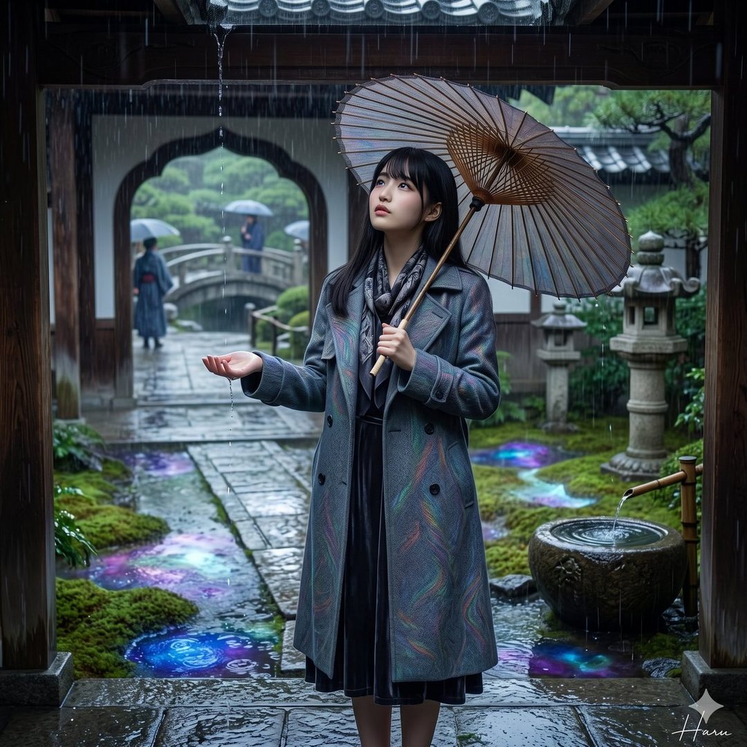 A young woman with black hair holds an umbrella and reaches out her hand to catch raindrops in a serene Japanese garden.