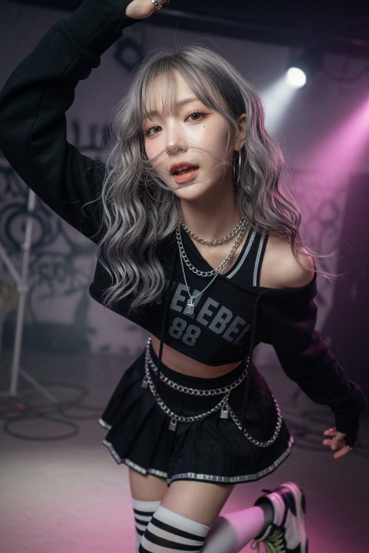 A young woman with silver wavy hair and bangs, wearing a black cropped hoodie, pleated skirt, and thigh-high striped socks, poses dynamically under pink stage lights.