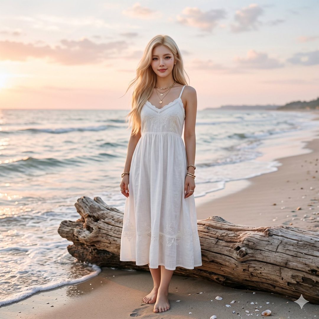 A blonde woman in a white dress stands barefoot on a sandy beach at sunset, with the ocean in the background.
