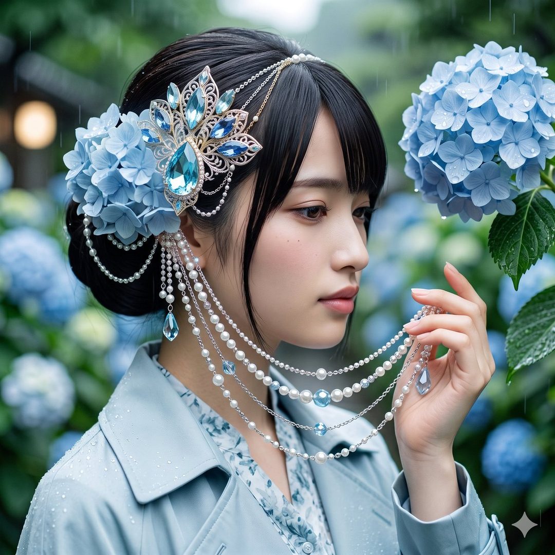 A woman with black hair and bangs wears a light blue coat and elaborate pearl and blue gem hair accessories, standing in a rainy garden with blue hydrangeas.