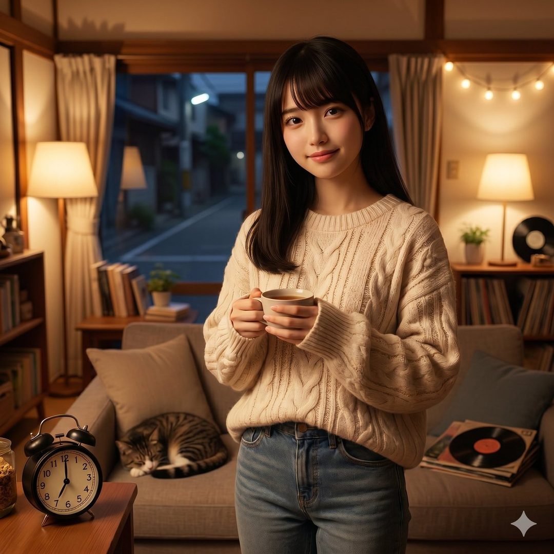 A young woman with long black hair and bangs, wearing a cream cable-knit sweater and jeans, holds a mug in a cozy, dimly lit room with a cat sleeping on the couch.