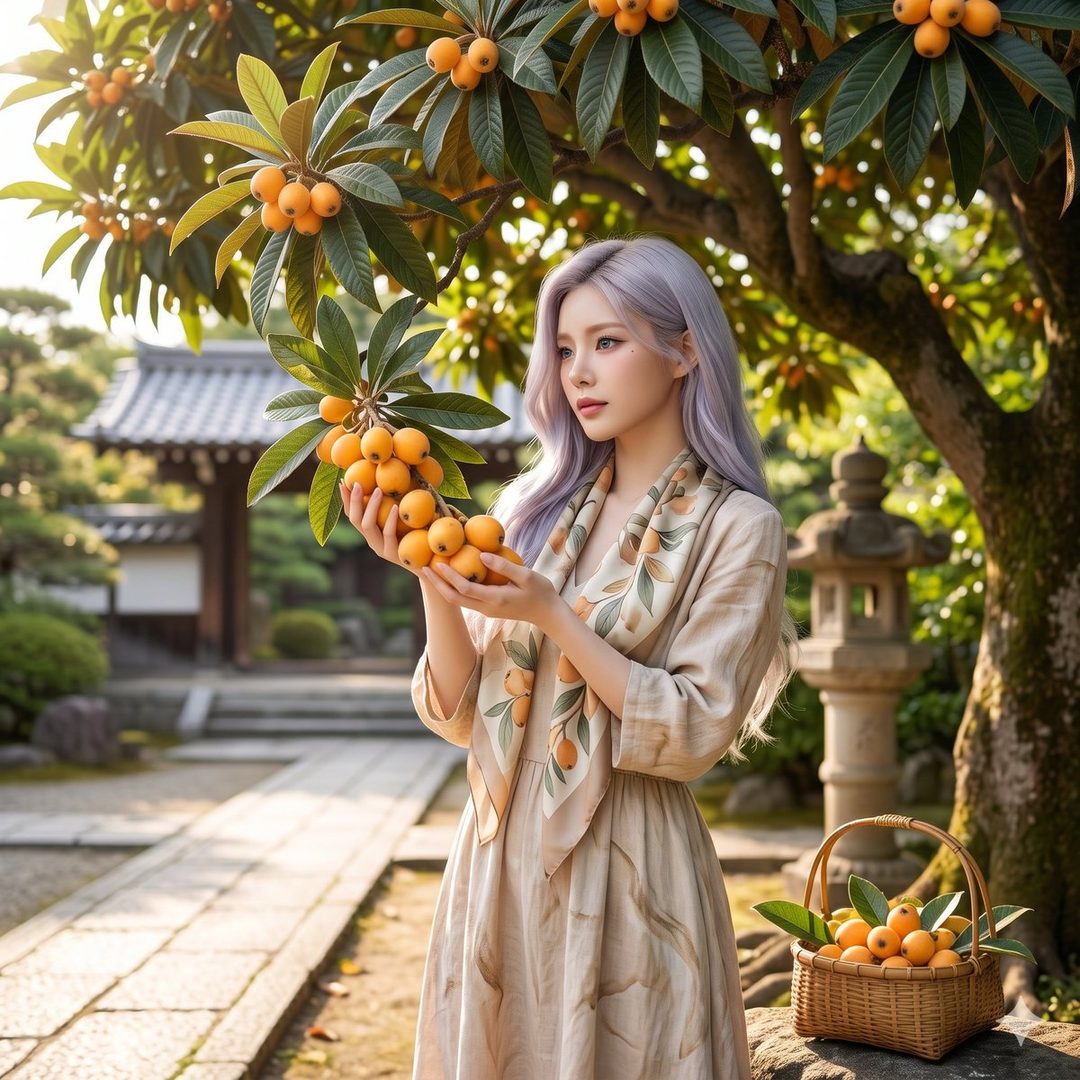 A woman with long white hair in a light dress holds a bunch of loquats in a Japanese garden.