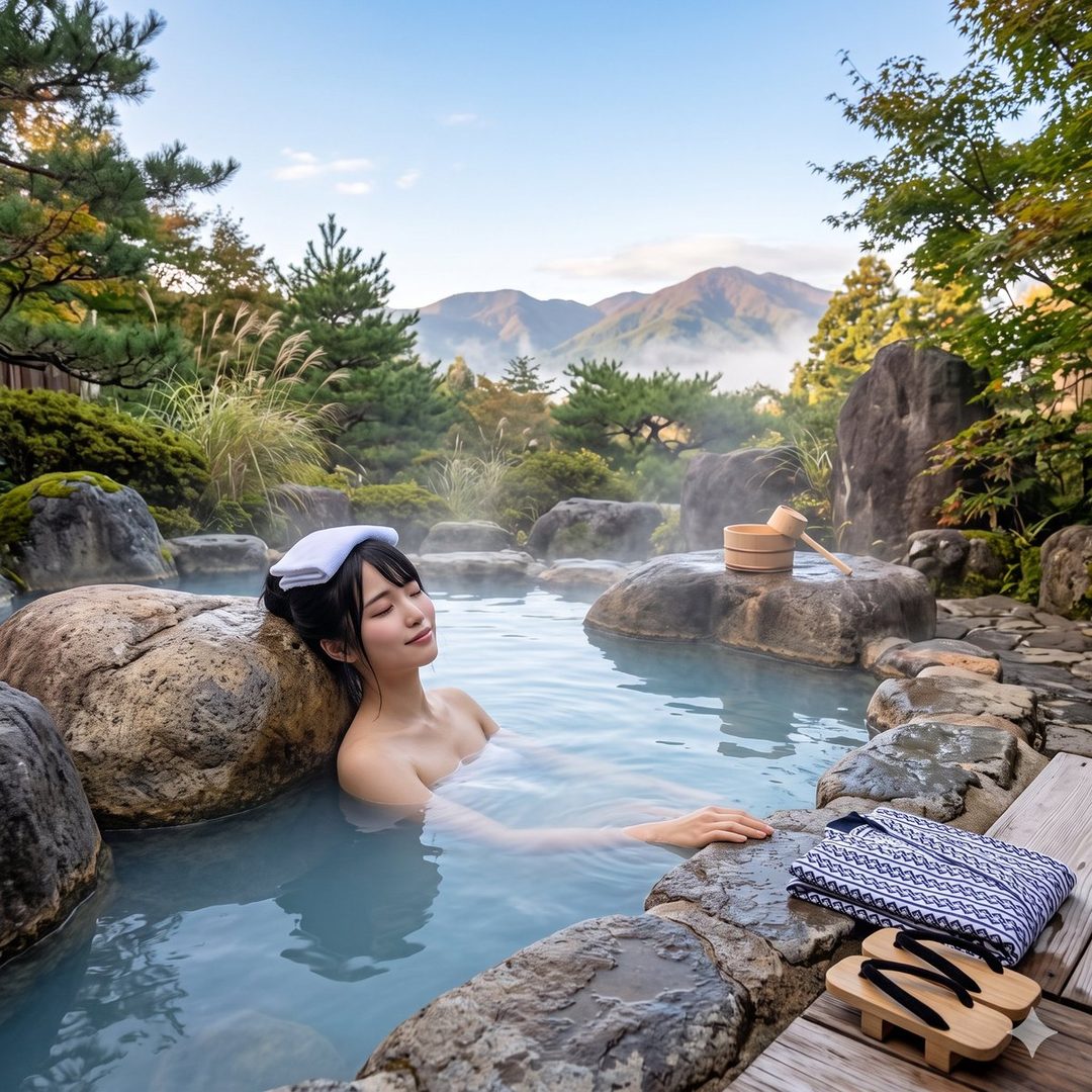 A woman with black hair relaxes in an outdoor hot spring with mountains in the background.