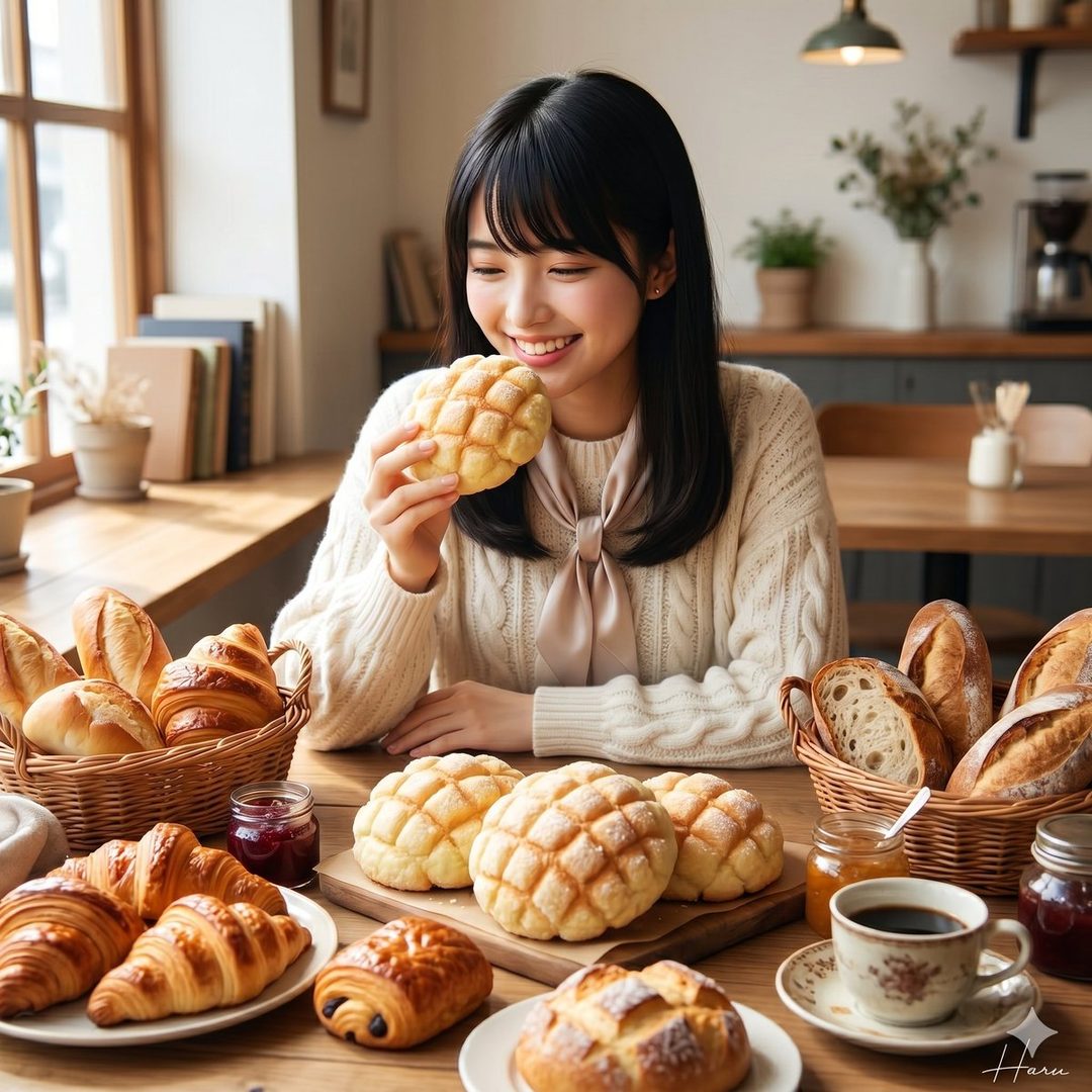 A young woman with black hair smiles while holding a melon pan in a cozy bakery setting with various breads and coffee on the table.