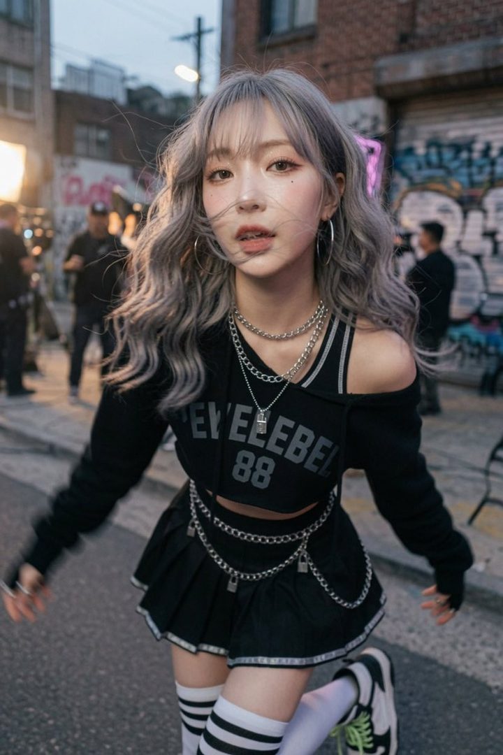 A young woman with silver wavy hair and bangs, wearing a black cropped hoodie, pleated skirt, and layered chain accessories, poses on an urban street.