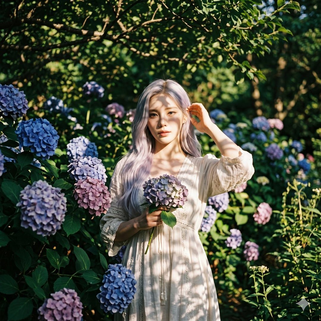 A woman with long, light purple hair stands in a garden surrounded by blue and purple hydrangeas, holding a bouquet of the flowers.