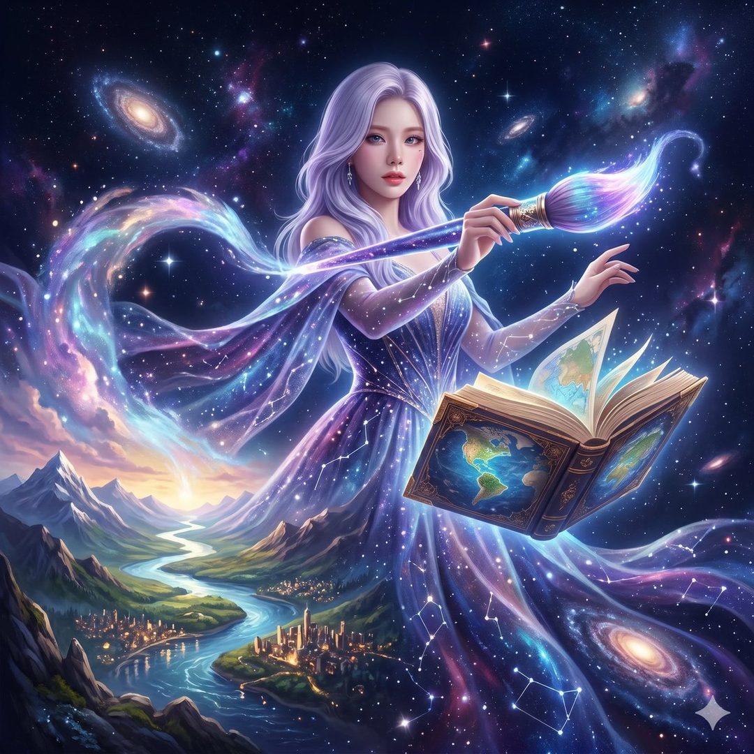 A fantasy portrait of a woman with long white hair wearing a starry dress, holding a glowing paintbrush and a book, against a cosmic background with a landscape below.