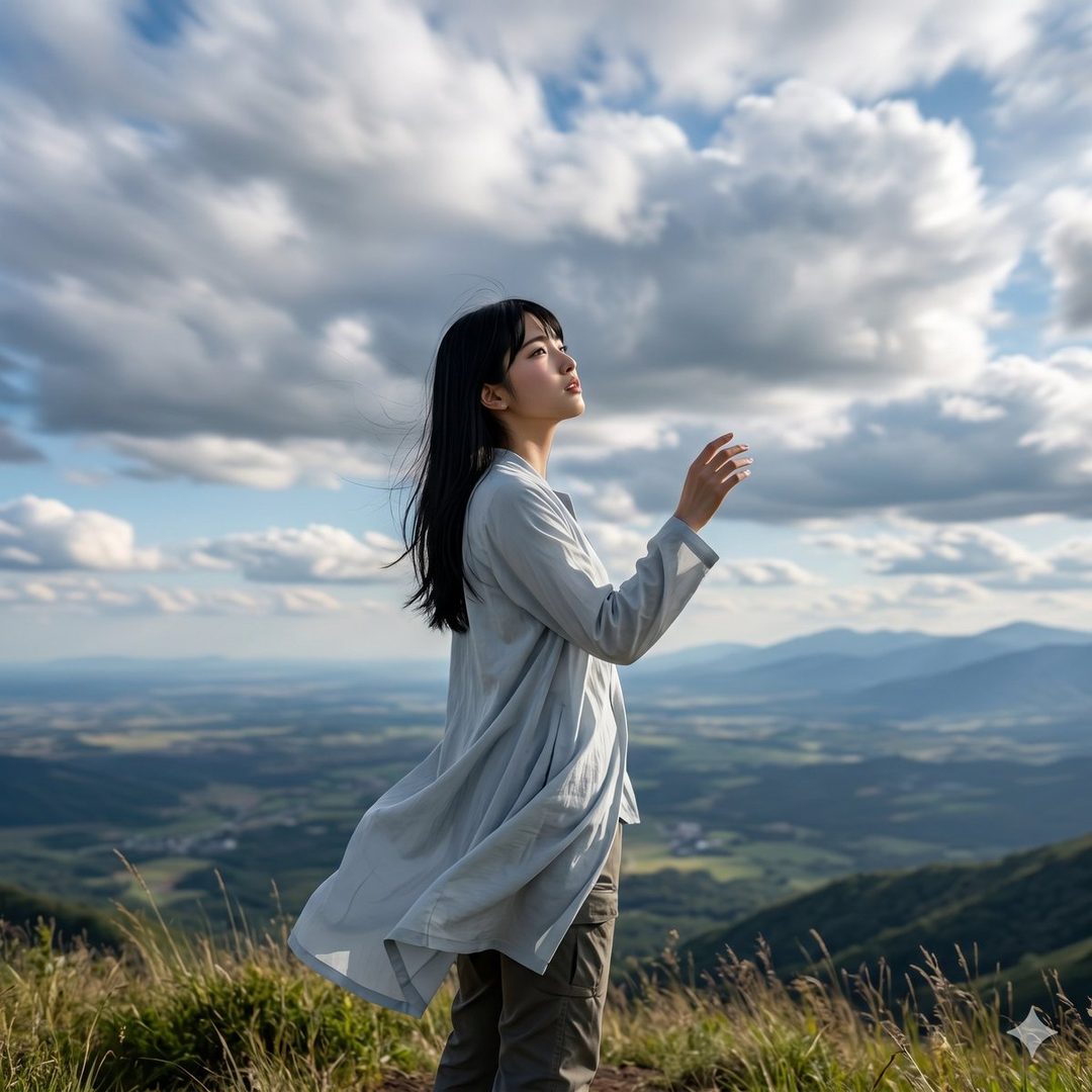 A young woman with long black hair stands on a grassy mountain top, looking up at the cloudy sky with a serene expression.
