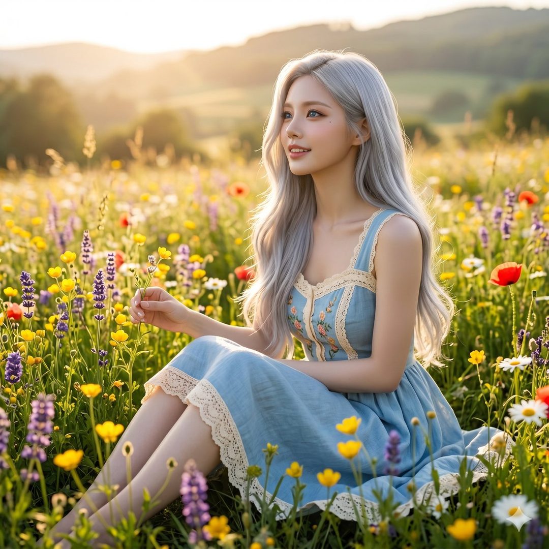 A young woman with long white hair sits in a field of colorful wildflowers during golden hour, wearing a light blue dress.