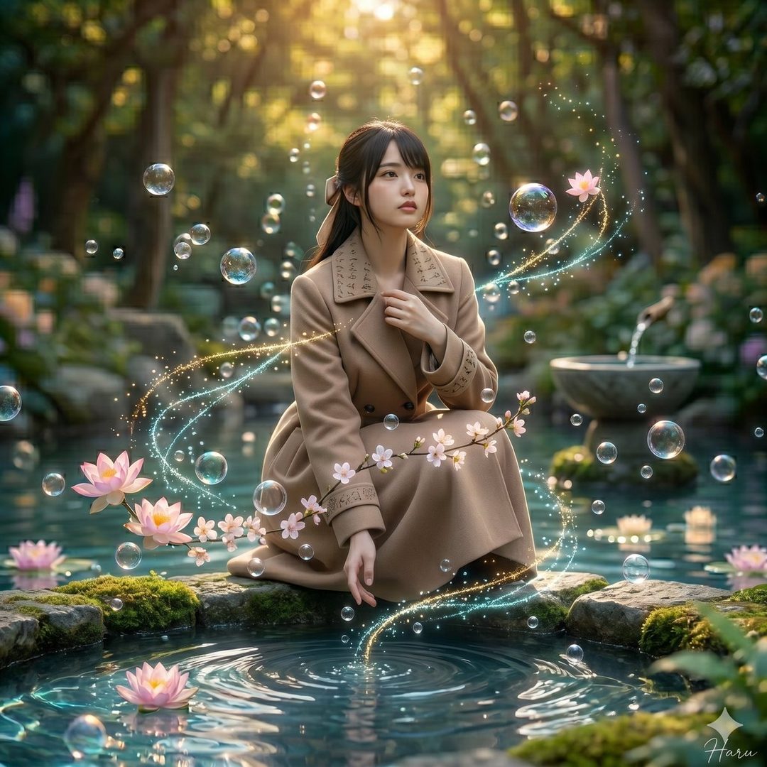 A young woman with long black hair and a brown coat kneels by a pond with water lilies and bubbles in a magical garden.