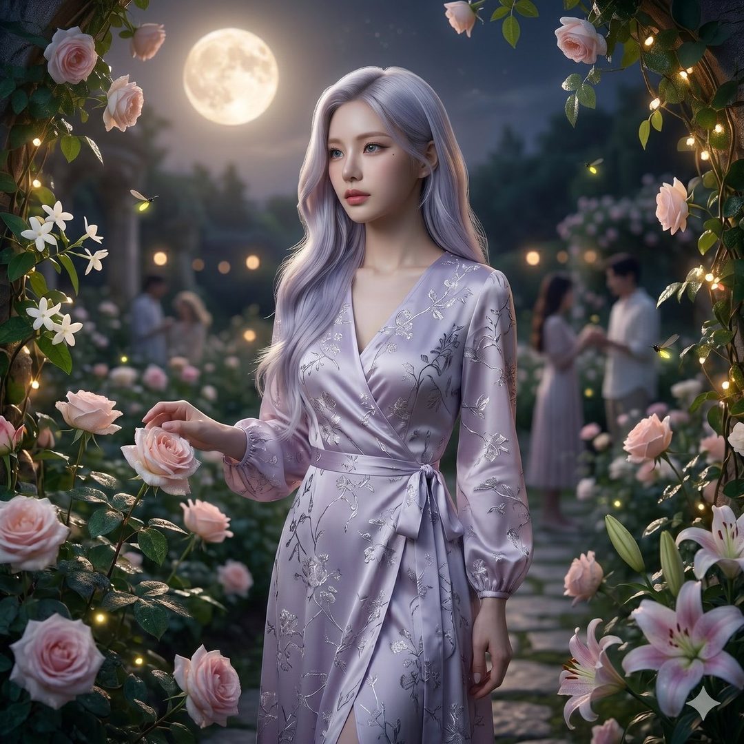 A woman with long white hair in a purple floral dress stands in a moonlit garden, touching a pink rose.