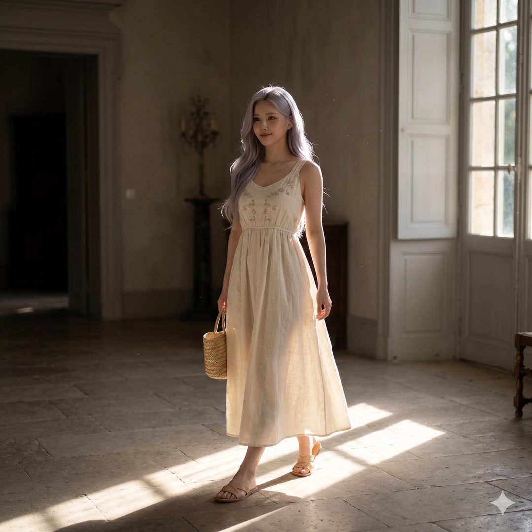 A woman with long white hair wearing a light-colored dress and carrying a straw bag walks through a sunlit indoor space.