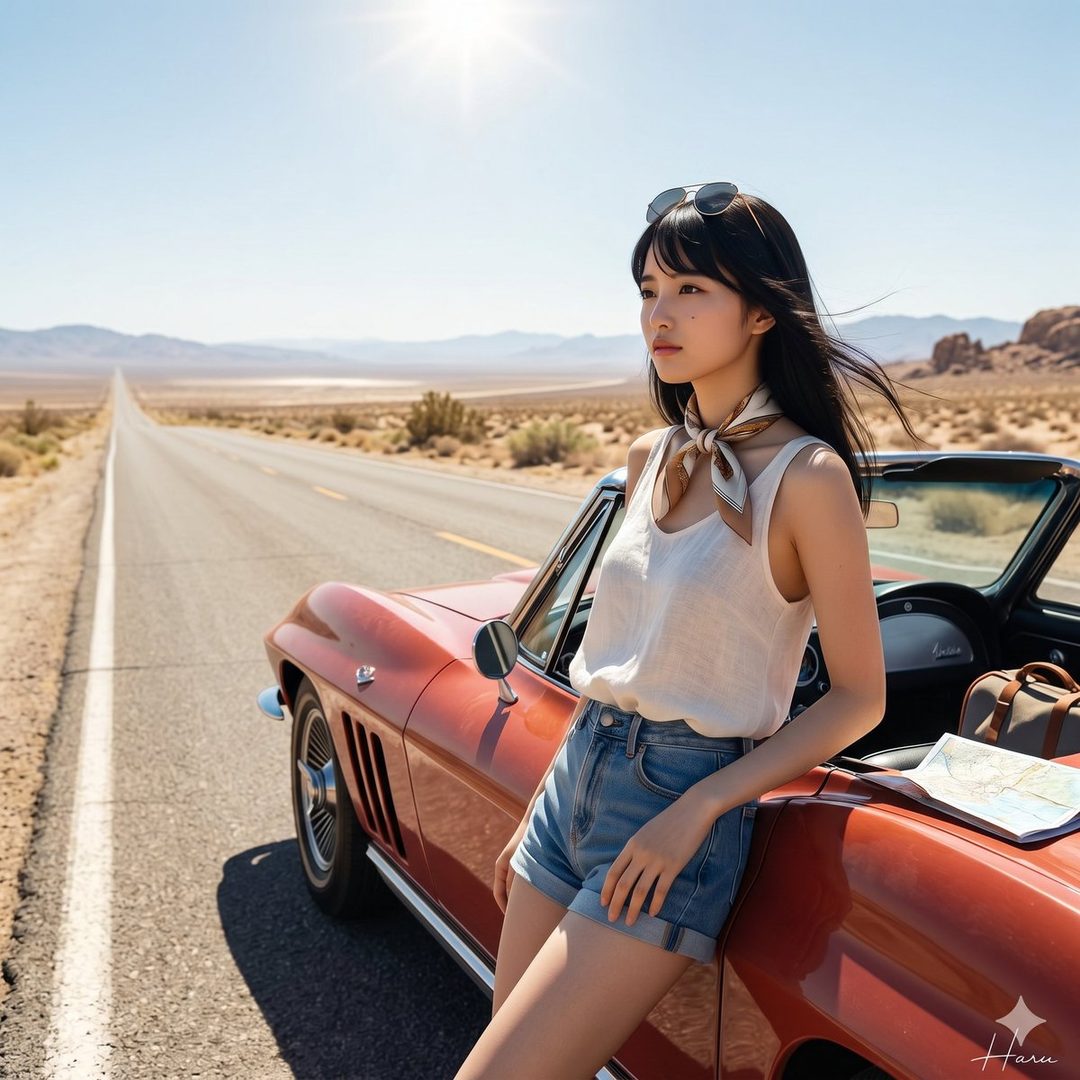A young woman with long black hair and sunglasses on her head leans against a classic red convertible on a desert road under a bright sunny sky.