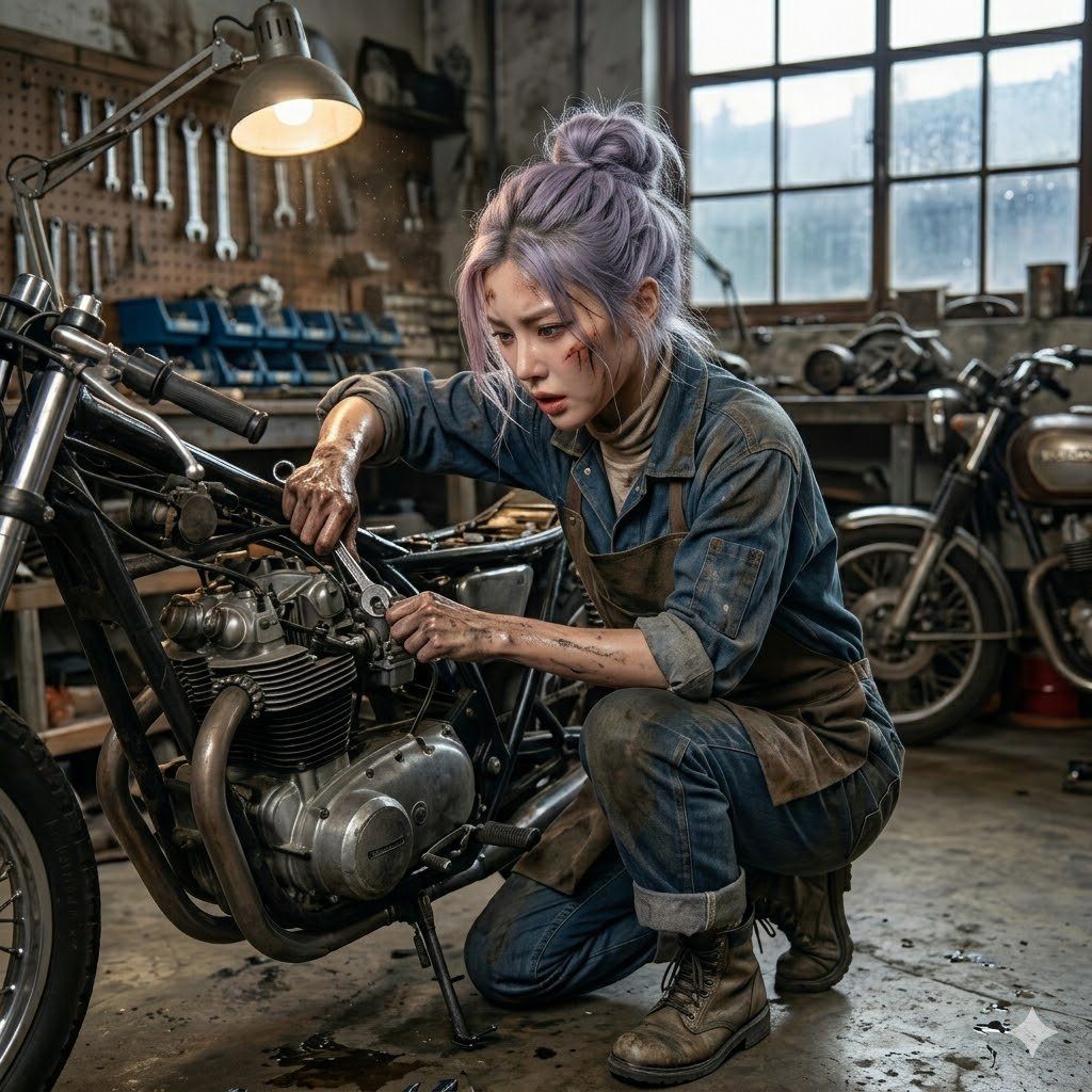 A woman with purple hair in a messy bun, wearing a denim jumpsuit and apron, is working on a motorcycle in a garage.