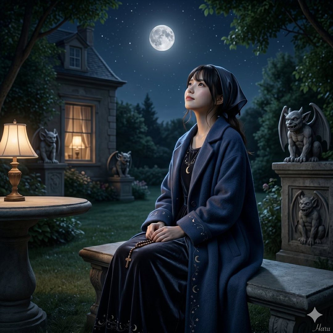 A young woman with dark hair and a blue coat sits in a moonlit garden, looking up at the full moon.