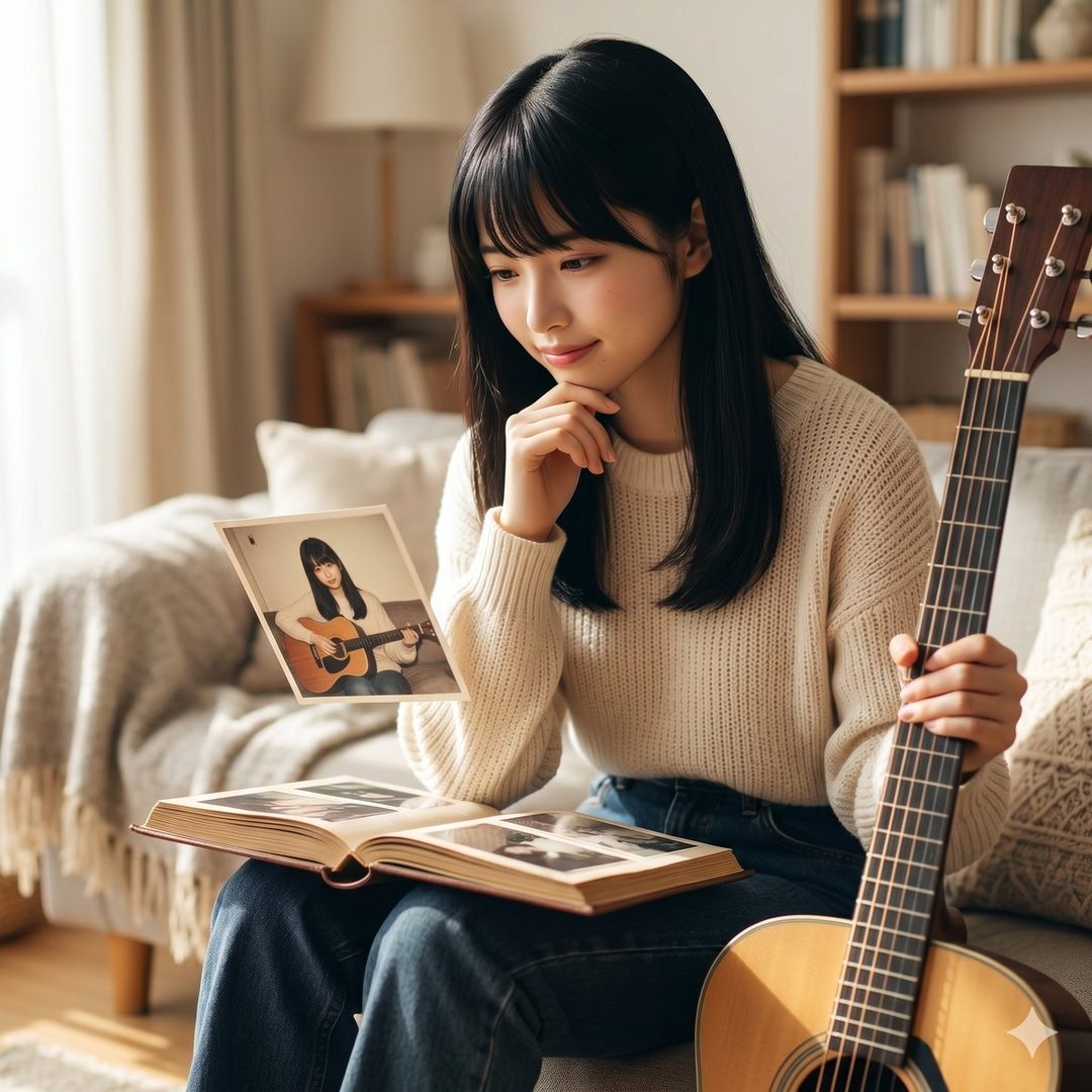 A young woman with long black hair sits indoors, holding a guitar and looking at a photo album with a floating picture of herself playing guitar.