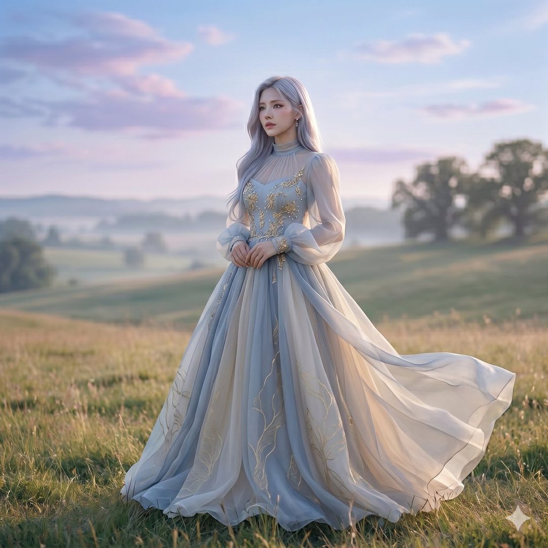 A woman with long white hair wearing an elegant light blue and gold dress stands in a grassy field under a soft, cloudy sky.