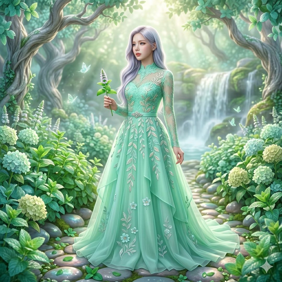 A woman with long white hair in a flowing mint green dress stands in a lush forest with a waterfall in the background, holding a sprig of flowers.