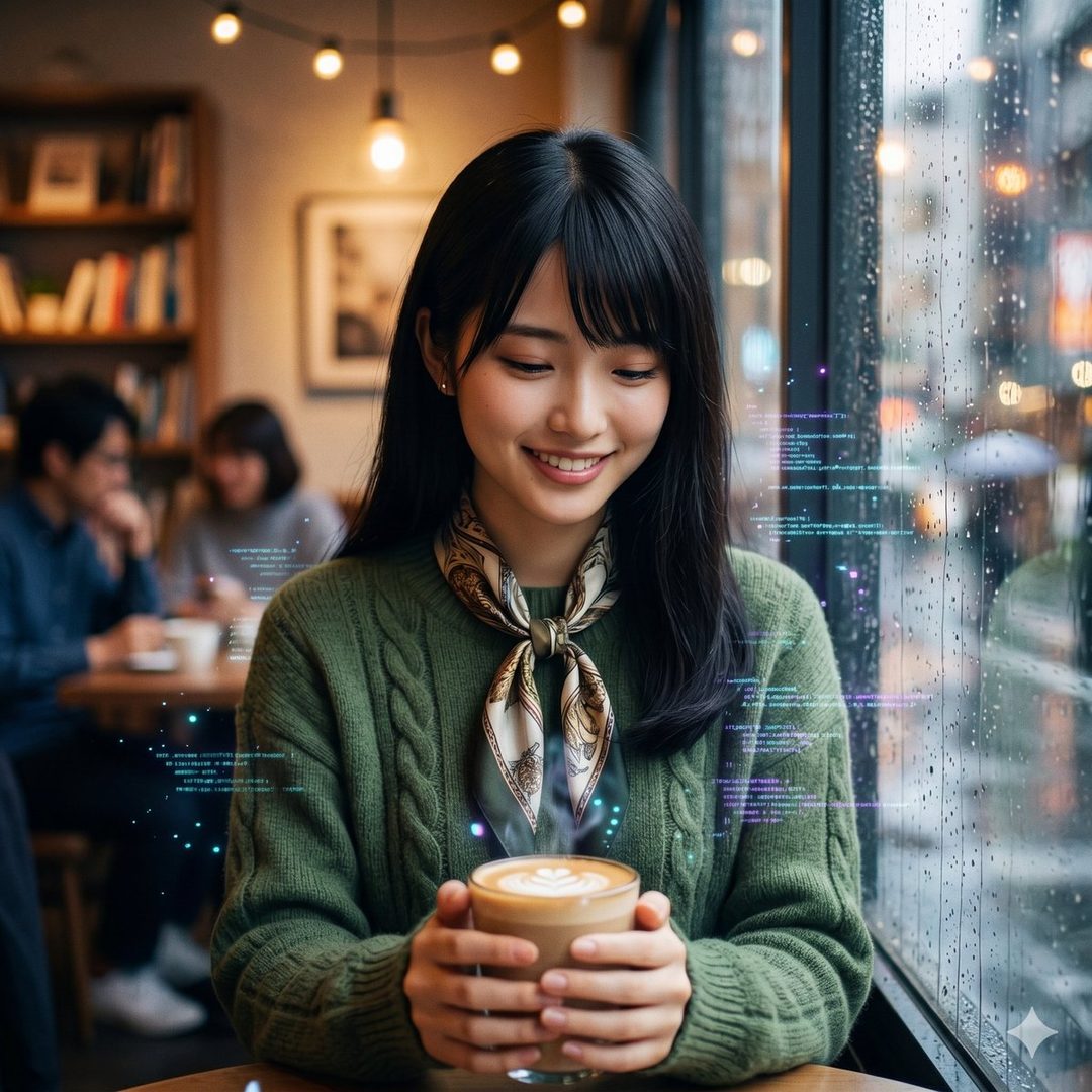 A smiling woman with long black hair and a green sweater holds a latte in a cozy cafe on a rainy day.
