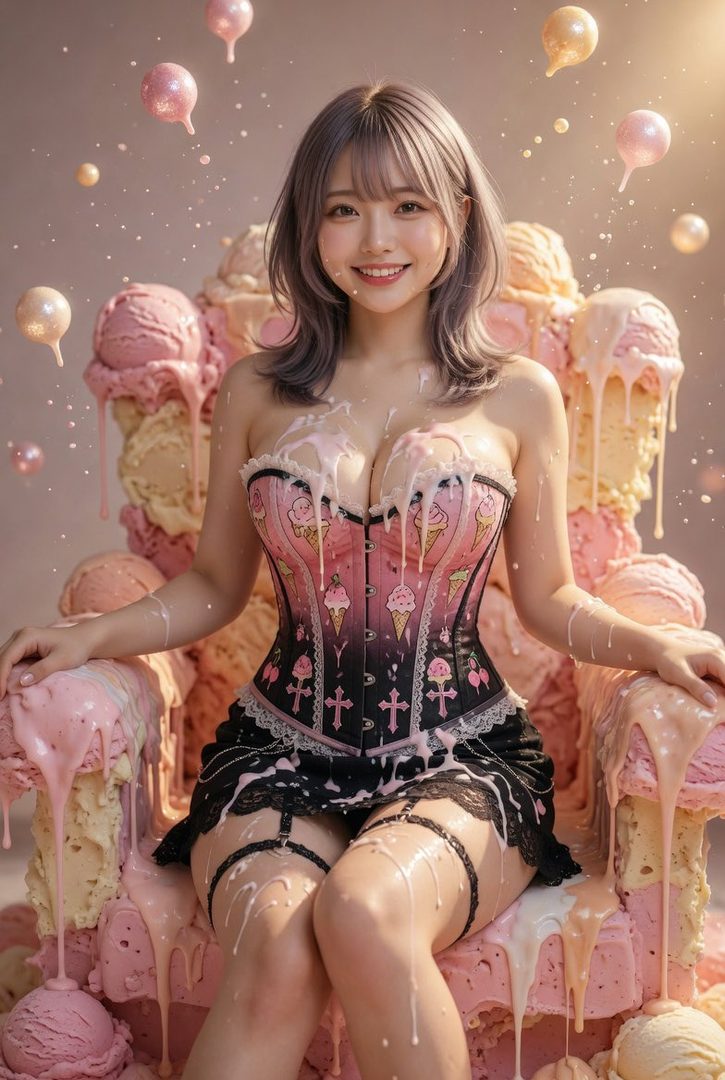A smiling woman with silver hair sits on a chair made of melting ice cream, wearing a pink and black corset with ice cream cone and cross patterns, covered in dripping white and pink liquid.