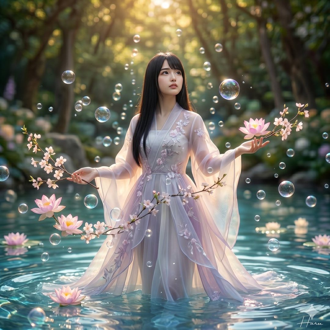 A beautiful woman with long black hair stands in a serene pond adorned with lotus flowers and cherry blossoms, surrounded by bubbles and dappled sunlight.