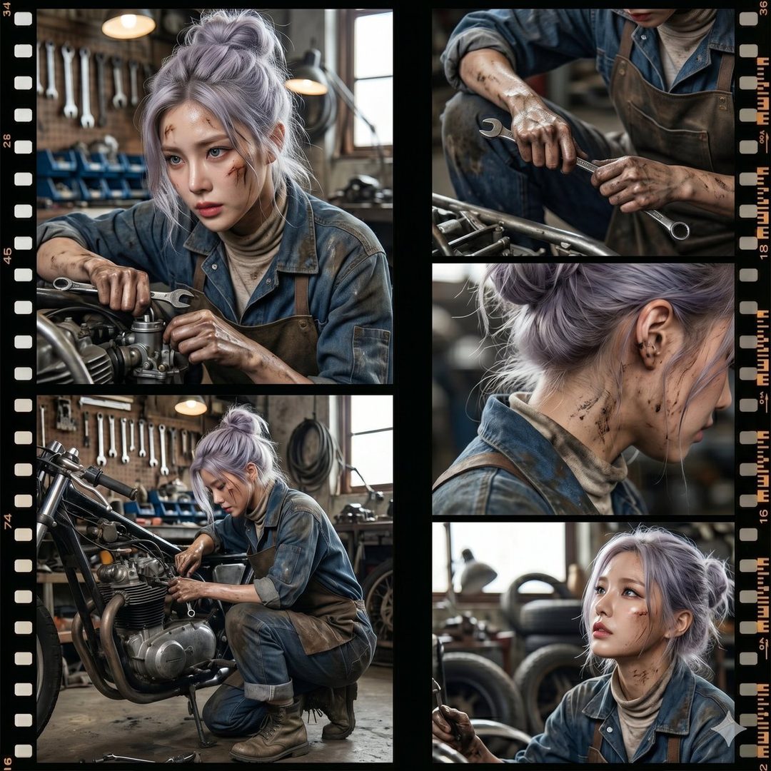 A photorealistic image of a woman with light purple hair in a messy bun, wearing a denim shirt and apron, covered in grease, working on a motorcycle engine in a garage.