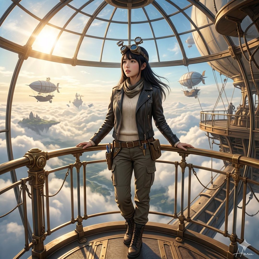 A young woman with black hair and goggles on her head stands on an airship balcony, looking out at a sky filled with clouds and other airships.