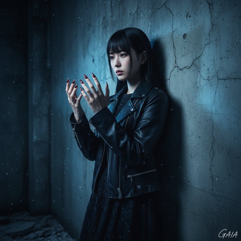 A woman with long black hair and bangs, wearing a black leather jacket and dress, stands against a textured wall with her hands raised, appearing to hold a glowing object.