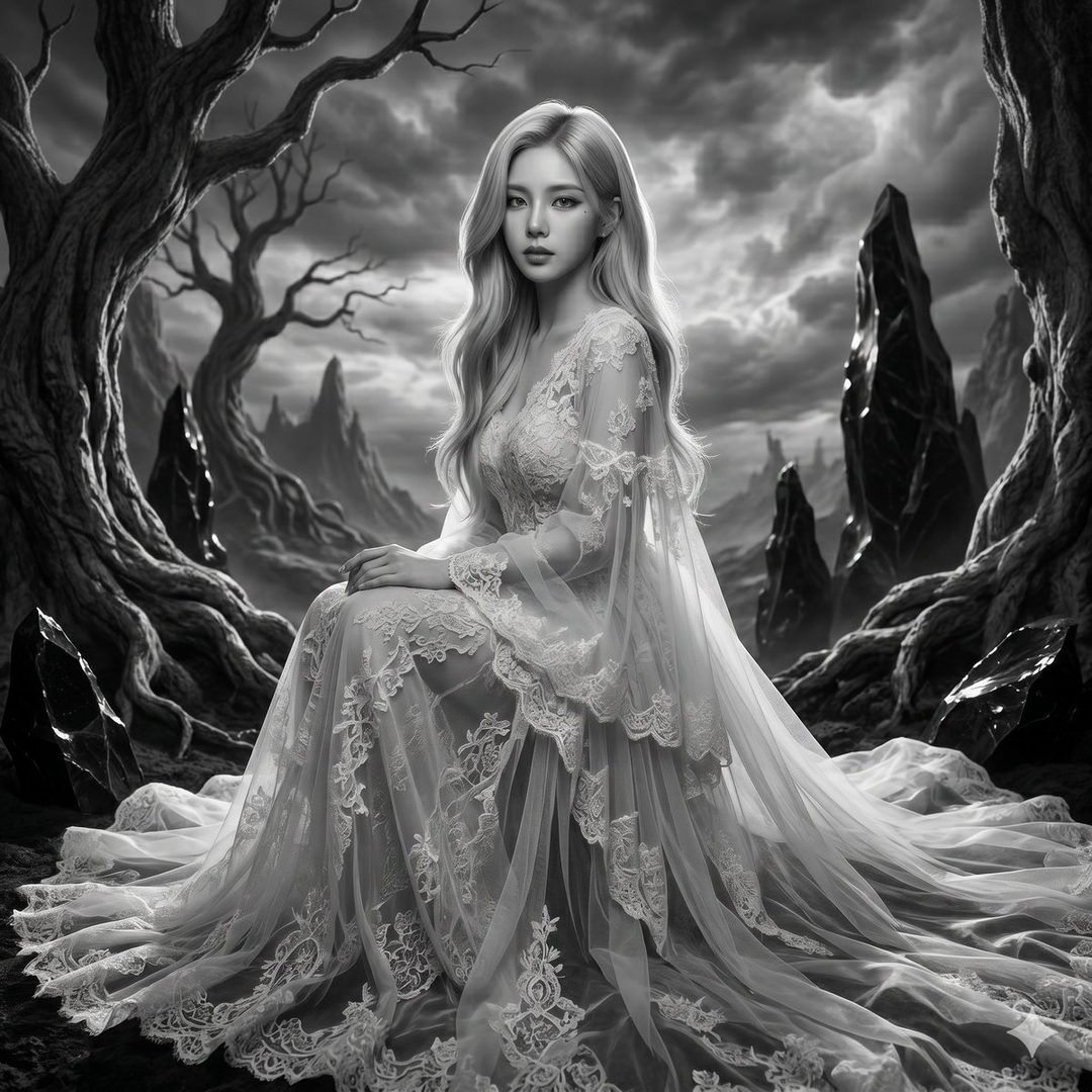 A woman with long blonde hair wears a flowing white lace dress in a monochrome fantasy landscape with gnarled trees and dark rock formations.