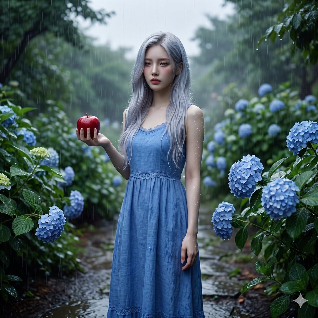 A woman with silver hair in a blue dress holds a red apple in a rainy garden with blue hydrangeas.