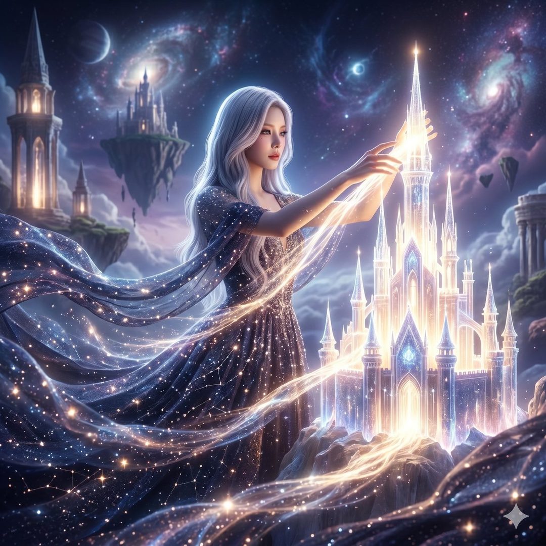 A woman with long white hair in a sparkling dress stands in a cosmic landscape, touching a glowing fantasy castle.