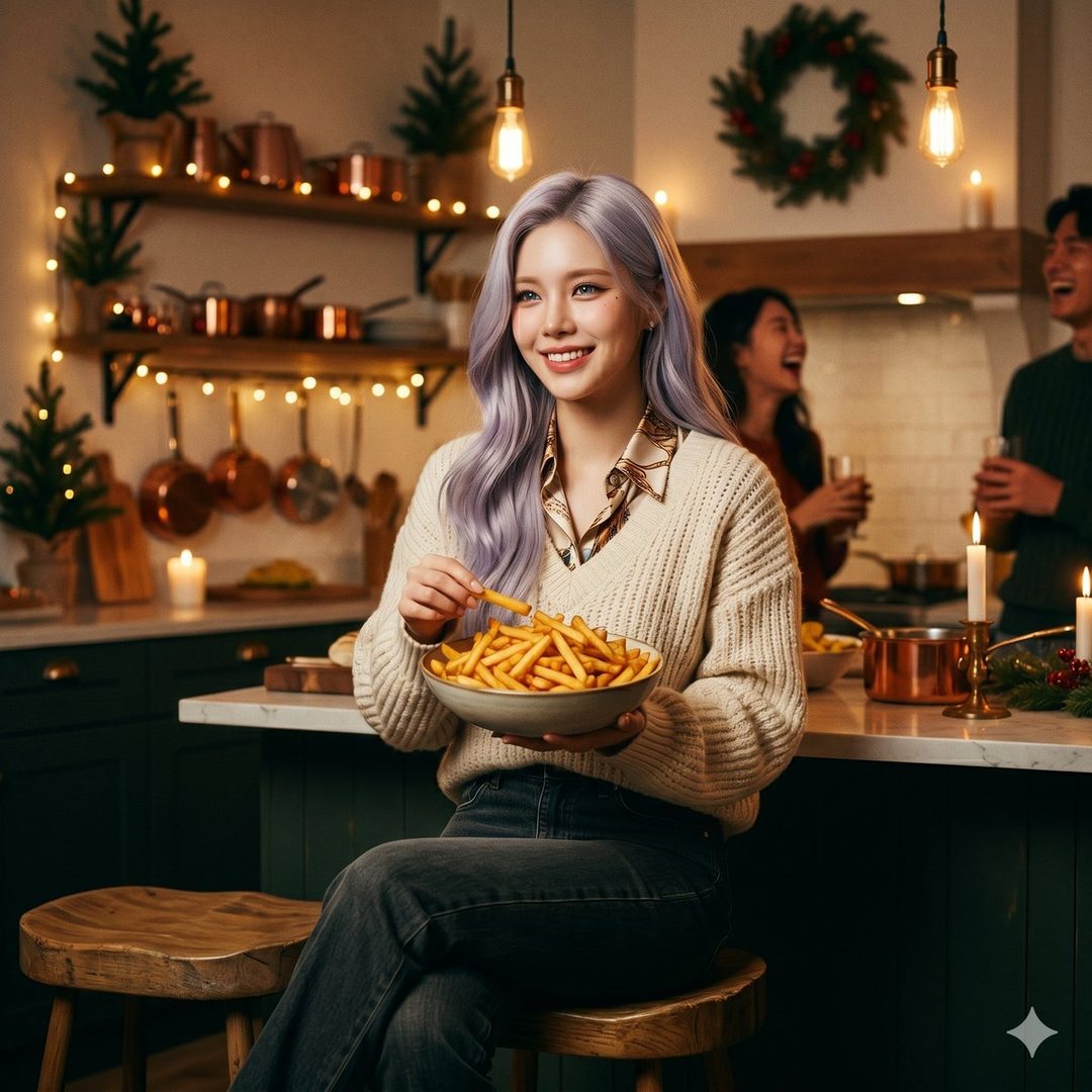 A smiling woman with long white hair sits at a kitchen counter, eating french fries from a bowl, with friends in the background during a festive gathering.