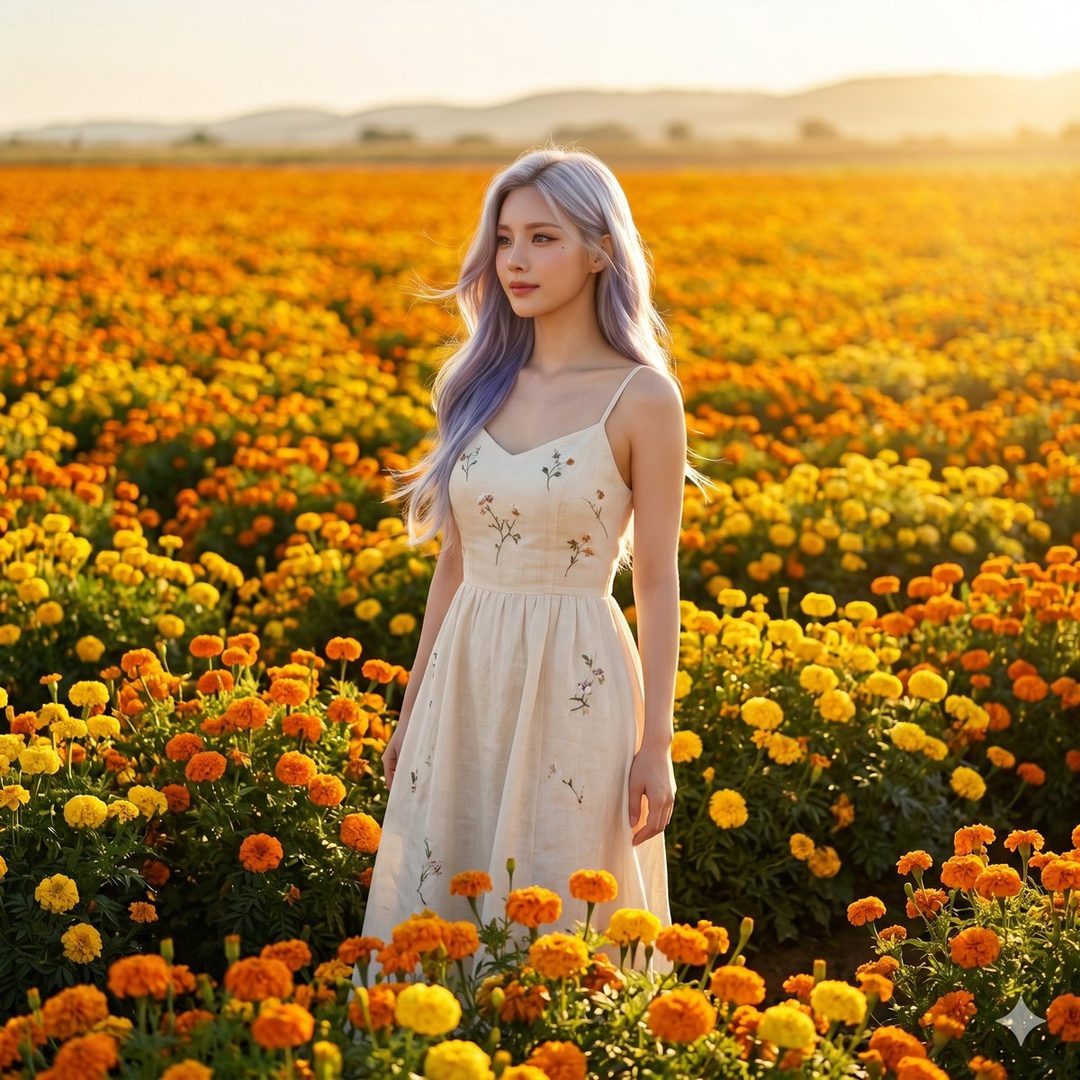 A woman with long blue hair stands in a field of orange and yellow marigolds during golden hour.