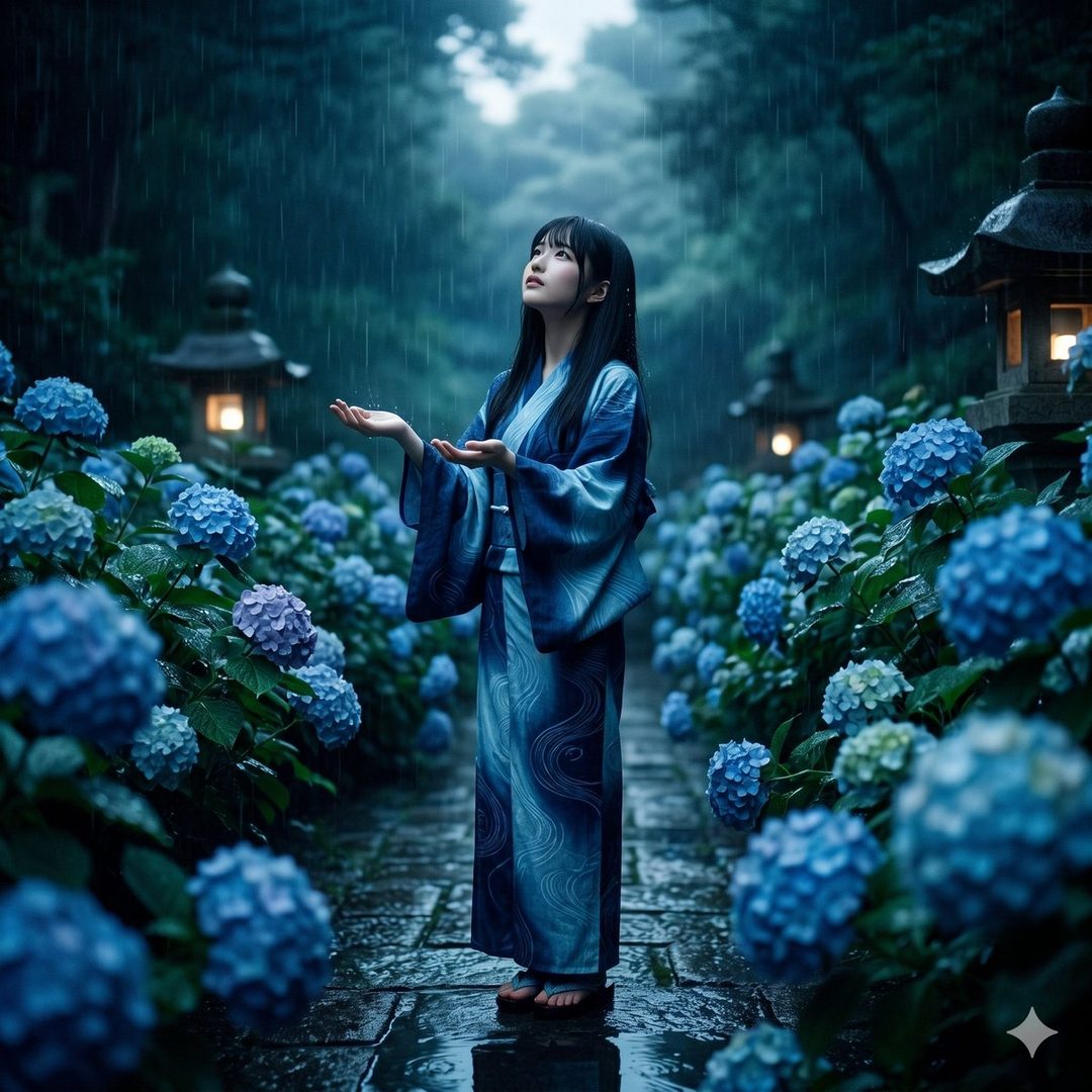 A young woman in a blue kimono stands in a rainy garden filled with hydrangeas, looking up at the sky.