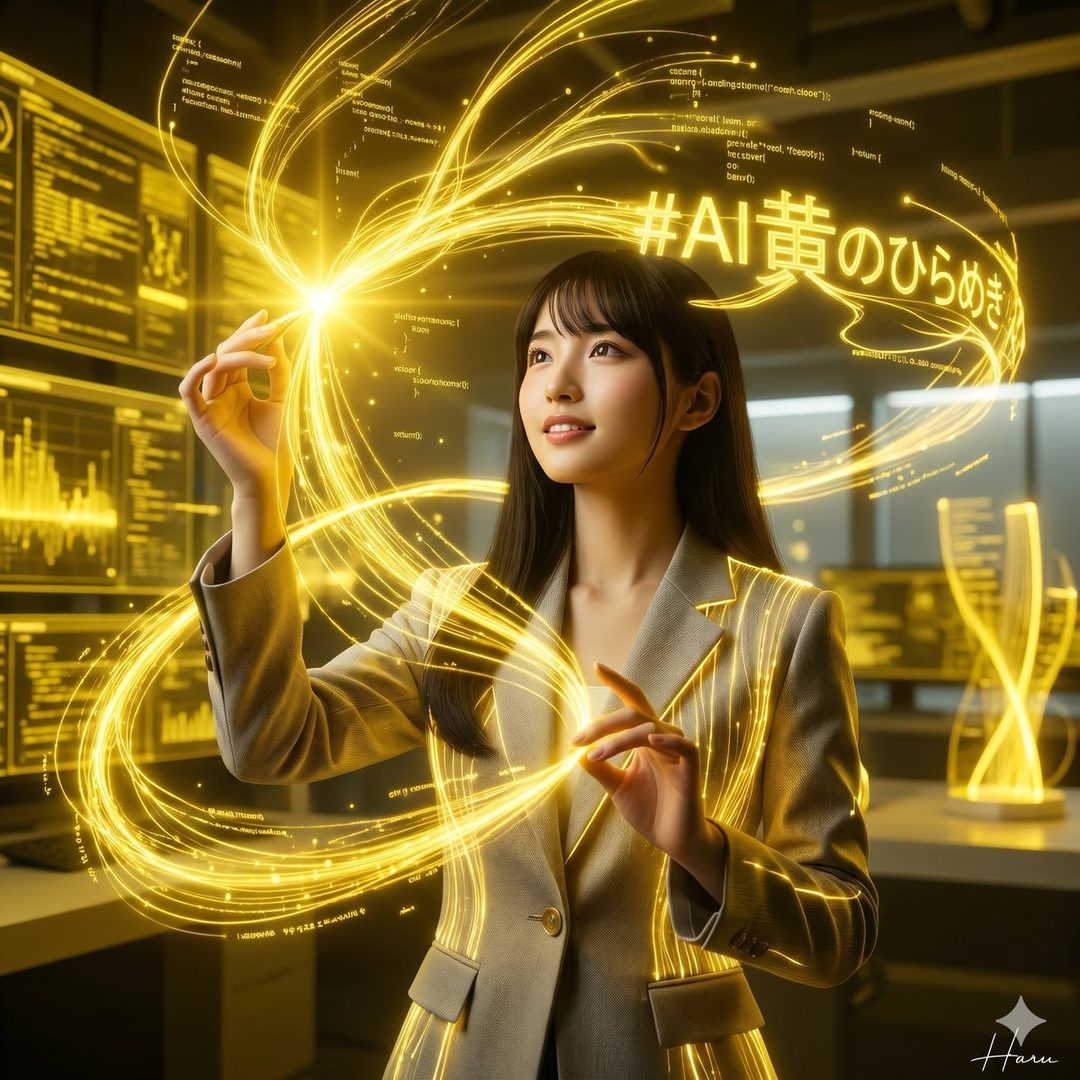 A young woman in a suit interacts with glowing yellow data streams and screens in a futuristic setting.