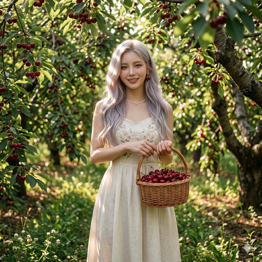 A smiling woman with long silver hair holds a basket of cherries in a sunlit cherry orchard.