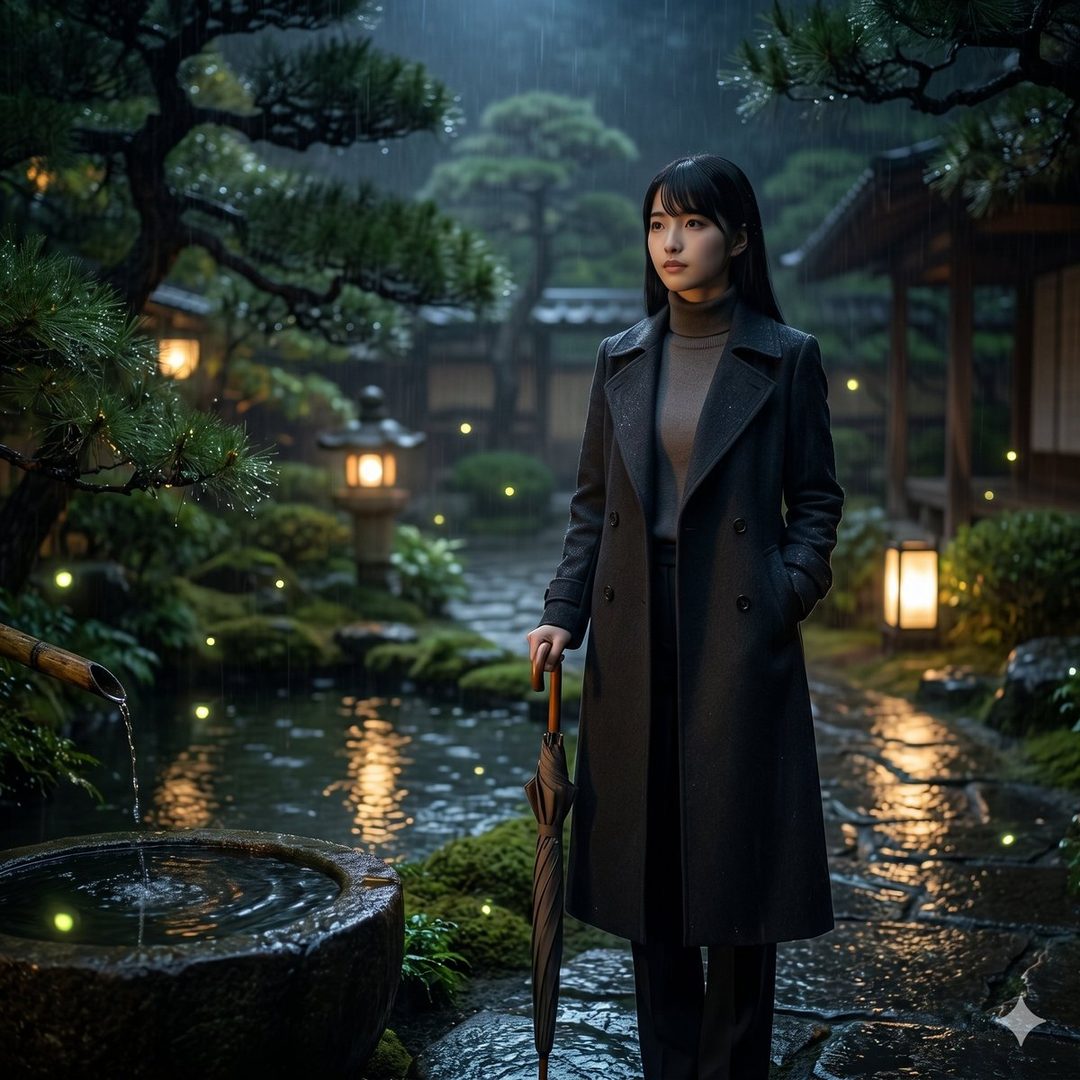 A woman with long black hair stands in a rainy Japanese garden at night, holding a closed umbrella.