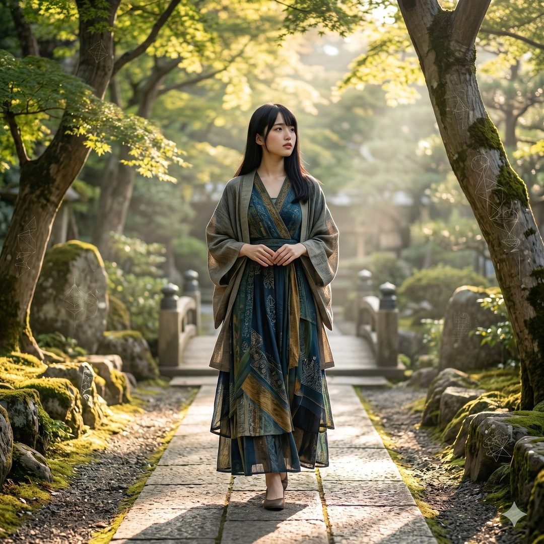 A young woman with long black hair wearing a patterned dress and a grey cardigan walks along a stone path in a sun-dappled Japanese garden.